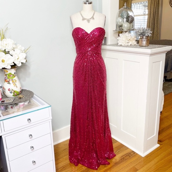 La Femme Red Sequin Strapless Formal Dress Prom Evening Gown Mermaid Size 4 - Picture 2 of 11